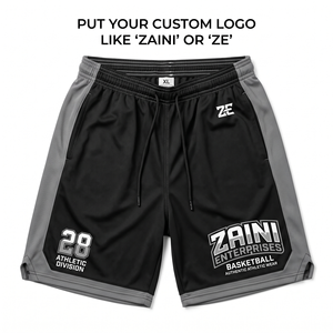 Shorts de bain pour hommes 180 GSM en polyester premium avec empiècements latéraux en maille noire et grise, imprimé numérique Monstres de dessin animé, taille élastique - Product Image 1