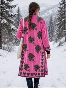 Bata de terciopelo rosa tejida con patrón floral bordado a mano, cuello mandarín, manga larga, largo completo, para invierno, relleno de algodón - Product Image 6