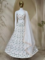 Ensemble de lehenga traditionnel indien pour femmes, robe longue en georgette étoilée blanche et verte à imprimé floral, coupe ample, tenue ethnique pour adultes