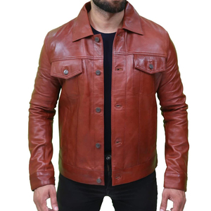 <b>Men</b> Genuine <b>Leather</b> <b>Jacket</b> <b>Brown</b> Turn-down Collar Button Closure Regular Fit Casual Autumn Style Solid Color - Product Image 5