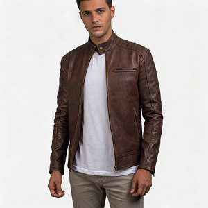 Men's <b>Brown</b> Genuine Leather Moto Jacket Stand Collar Zipper Closure Slim Fit Autumn Wear Regular Sleeve - Product Image 1