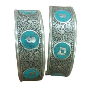 Auspicious Tibetan Buddhist Mantra Carved Silver Plated <b>Copper</b> Alloy Channel Set Turquoise Men's Fashion <b>Bangles</b>-Asthamangal - Product Image 1