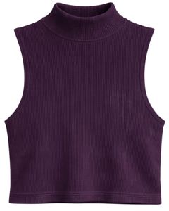 Top Corto Personalizado Morado Oscuro Acanalado de Cuello Alto Sin Mangas para Mujer, Ajuste Delgado, Elástico, Casual, de Verano, Camiseta sin Mangas, Chaleco Básico de Moda - Product Image 1