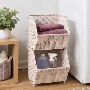 <b>Stackable</b> Natural Rattan Storage <b>Basket</b> Rectangle Shape For Bathroom Neatening Space Saving Nordic Style Multi Function - Product Image 1