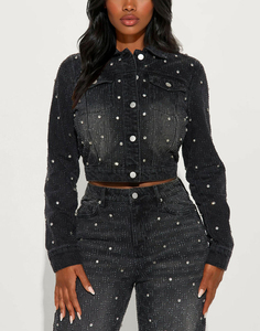 Women's Stonewashed Denim <b>Jacket</b> With Rivet Details Regular Fit Women’s Black Studded Denim <b>Jacket</b> <b>Rhinestones</b> Women <b>Jackets</b> - Product Image 1