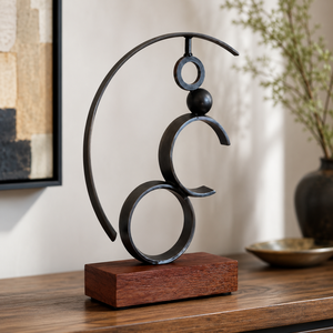 Escultura Metálica Abstracta Negra Moderna con Base de Madera, Decoración de Mesa con Arco Circular, Adorno de Lujo para el Hogar, Oficina, Hotel, Regalo - Product Image 3