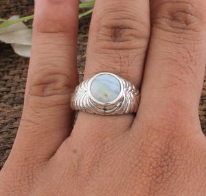 Bague ajustable en argent sterling classique avec agate bleue naturelle pour femme, bijoux de mariage et de fête, vente en gros - Product Image 2