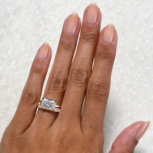 Modern East West Radiant Cut Lab Grown Diamond <b>Ring</b> Half Bezel Setting Solid 18K Yellow Gold Horizontal Crushed <b>Ice</b> Radiant <b>Ring</b> - Product Image 1