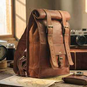 Genuine Leather Roll Top <b>Backpack</b> for College Students Vintage School Bag <b>Large</b> Capacity Travel Rucksack LTBP-0017 - Product Image 5