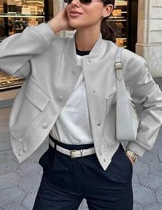 Veste universitaire unie pour femme, manches longues, col montant, poches plaquées, coupe courte, pour l'automne - Product Image 6