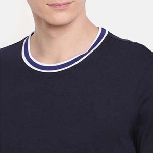 T-shirt en coton bleu marine pour homme, coupe classique, manches courtes, avec bordure contrastée, col rond, style décontracté, t-shirts à col contrastant - Product Image 5