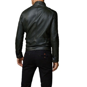 Men's Regular Length Standard Black Genuine Leather Jacket Asymmetrical Zipper Closure Sherpa Lining <b>Fur</b> <b>Trim</b> Stand Collar - Product Image 1