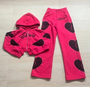 Custom Y2K Fleece Tracksuit Women Hot Pink Cropped <b>Zip</b> Hoodie Rhinestone Broken Heart Print Wide Leg Sweatpants Set - Product Image 1
