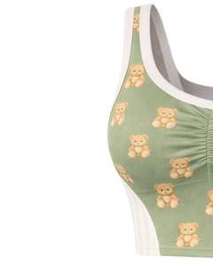 Ensemble deux pièces vert sauge pour femme, imprimé ourson, composé d'un crop top sans manches et d'une mini-jupe taille haute, tenue douce et extensible - Product Image 3