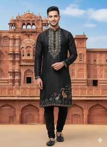 <b>Men's</b> Black Embroidered <b>Kurta</b> With Bird Floral Design Traditional Indian Pakistani Wedding Wear Regular Fit Ankle-Length Silk - Product Image 4