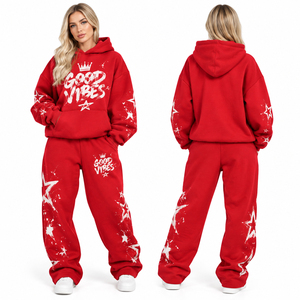 Ensemble de survêtement imprimé à épaules tombantes pour femme, style streetwear, comprenant un sweat à capuche et un pantalon de survêtement ample, en tissu épais - Product Image 1
