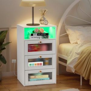 Comodino Changhong in Vetro 45*35*78cm, Superficie Bianca in Fibra di Canapa, 3 Cassetti, 1 Ripiano, Ricarica Wireless, Arredamento Camera da Letto - Product Image 2