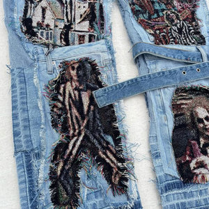 EXITO INTL Gothic Ripped Denim Pants Pockets Straps <b>Men's</b> Distressed Streetwear Style Elastic Baggy for Wash <b>Drawstring</b> - Product Image 3