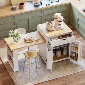เคาน์เตอร์ครัวสำหรับห้องครัวและห้องรับประทานอาหาร เวียดนาม ทำจาก MDF + สแตนเลส สีธรรมชาติ/ขาว/ดำ พร้อมที่เก็บของแบบเคลื่อนย้ายได้ 2 ลิ้นชัก - Product Image 3