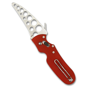 Couteaux pliants rouges avec lame perforée en acier inoxydable, manche ergonomique texturé, mécanisme de verrouillage coulissant et fil métallique - Product Image 3