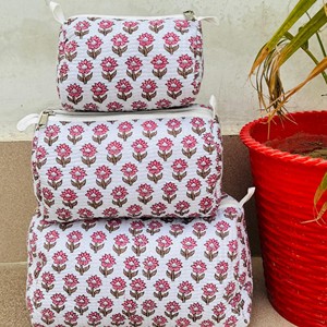 Cotton Floral Cosmetic <b>Toiletry</b> Bag Set With Zipper Closure Three-Piece <b>Storage</b> Pouches For <b>Toiletries</b> Jewelry Travel Use - Product Image 1