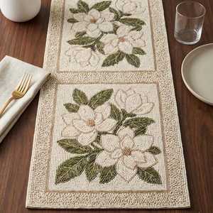 <b>Cream</b> Embroidered Floral Table Runner Classic Cotton Home Decor - Product Image 2