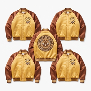 Custom Apparel Brand Supplier Brown Gold Satin Varsity Jacket Snap Button Custom Embroidered Carvers Guild Baseball <b>Coat</b> - Product Image 4