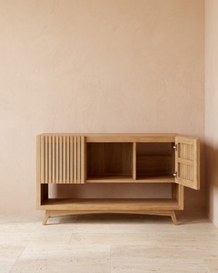 Ensemble de meubles de salle de bain modernes en teck brut, armoire de rangement autoportante à lattes, 2 étagères, poignées en bois, pour villas et hôtels - Product Image 1