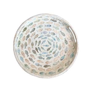Eco Friendly Mother Of <b>Pearl</b> With Rattan Serving Tray Round Soft Neutral Inlay Design Natural <b>Frame</b> For Home Decor Sustainable - Product Image 1