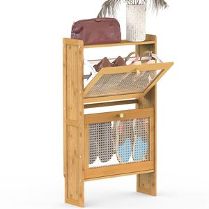 Scarpiera a 2 livelli in bambù sottile, capacità massima 20 kg, organizer stretto autoportante per ingresso con 2 cassetti ribaltabili, mobile scarpiera a 2 livelli - Product Image 5