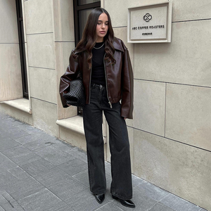 Women Oversized Genuine Leather <b>Biker</b> <b>Jacket</b> Brown Vintage Zip Up Casual Streetwear Custom Fashion Coat Customized OEM Services - Product Image 3