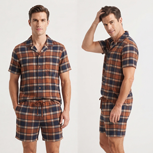 Conjunto de Pantalones Cortos de Franela para Hombre, Camisa de Franela para Dormir con Bolsillo y Pantalones Cortos, Conjunto de Dos Piezas para Dormir - Product Image 1
