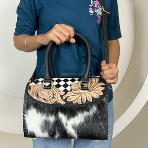 New Super September Floral Tooled Black & White Checker <b>Leather</b> Medium Speedy Duffel <b>Bags</b> Cowhide <b>Leather</b> Women Travel Handbags - Product Image 3
