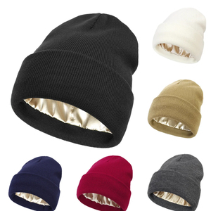 Wholesale Custom Silk Satin Lined Beanie Hats <b>Winter</b> Warm Knit Skull <b>Cap</b> Soft Hair Care Sleeping Bonnet <b>Caps</b> <b>for</b> Women <b>Men</b> - Product Image 1