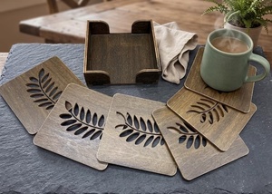 Leaf Cutout Solid Wood Coaster Set Handcrafted Heat Resistant Drink Mat Rustic <b>Table</b> <b>Protector</b> Coffee Tea Cup Holder - Product Image 6