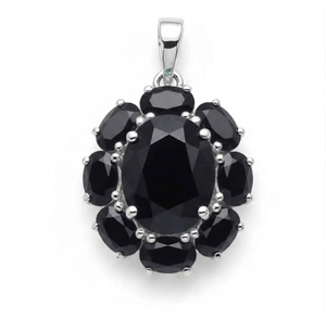 Pendentif Fleur en Onyx Noir Pierre Naturelle pour Femme Rhaya Jewels, en Argent Sterling Plaqué Rhodium, Cadeau Ethnique, Design Floral - Product Image 1