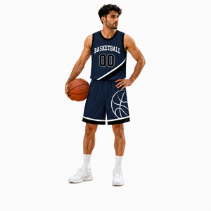 Ensemble de basketball personnalisé pour homme, bleu marine foncé, léger, avec short et maillot, pour entraînement intérieur et extérieur - Product Image 1