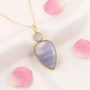 Pendentif de mode en pierre de lune et agate bleue dentelle, en laiton massif plaqué or 18 carats, forme poire et ronde, bijoux les plus vendus en gros - Product Image 3