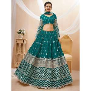 Georgette lehenga choli สีฟ้าสีน้ำเงินอมเขียวที่สวยงามพร้อมตาข่าย dupatta สำหรับสวมใส่ตอนเย็น - Product Image 1