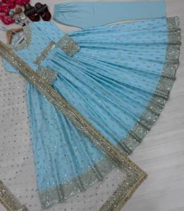 Light Blue Salwar Kameez With <b>Sequin</b> Embroidery Floor Length Traditional Indian Wedding Wear Women's Loose Fit Polyester Dress - Product Image 2