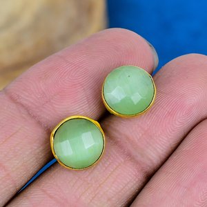 Natural Light Green Monalisa Quartz Round Shape Gemstone <b>Stud</b> Earring 18k Gold Finish Over 925 Sterling <b>Silver</b> Finish - Product Image 1