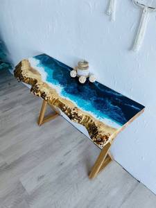 Mesa Consola de Resina Epoxi con Borde Natural Ocean Crest, Mueble Moderno y Duradero de Resina con Diseño Costero, Decoración Artesanal de Madera para Entrada - Product Image 2