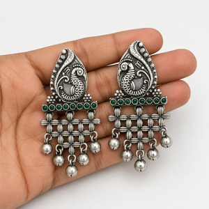 Verified Manufacturer Antique Silver-Plated Ethnic Jade Bezel Set Imitation Pearl Drop Earrings Women's Gift Bulk Supplier - Product Image 5