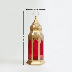 2026 Wholesale <b>Gold</b> Metal Moroccan Candle Holder <b>Lantern</b> with Colored Glass for Home Decorations - Product Image 3
