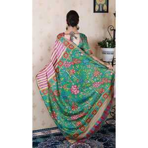 Sari en soie Tussar rose pâle à rayures Zari tissé et imprimé ELITE WEAVES, élégant et réversible, pour femme, idéal pour les soirées et les fêtes. - Product Image 4