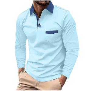 Polo décontracté pour hommes 100 % coton en toile à manches longues, boutonné, à rayures, uni, coupe classique, printemps, été, automne - Product Image 2