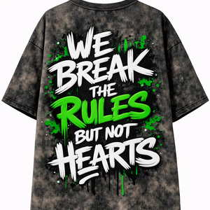 Camiseta personalizada Break Rules con cuello redondo, de algodón, lavado ácido, estilo oversize con hombros caídos, transpirable y de secado rápido. - Product Image 1