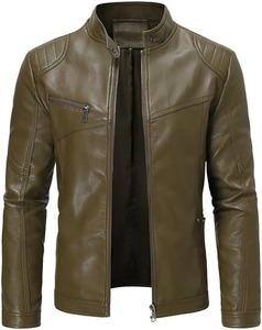 Veste de motard vintage en cuir d'agneau vert olive pour homme, col montant, coupe ajustée, fermeture éclair, vêtements d'extérieur pour l'automne et l'hiver - Product Image 1
