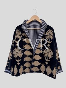 Manteau en velours brodé à la main à motif floral, col rabattu, manches chauve-souris, grande taille, vêtements d'extérieur décontractés pour femmes, automne - Product Image 5