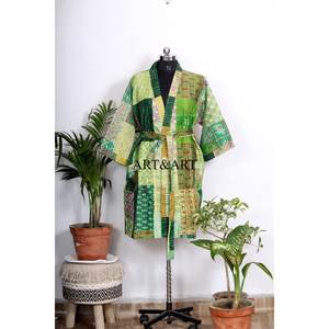 Indian Handmade Bohemian Silk Patchwork Kantha <b>Kimono</b> Robe <b>Women</b> Elegant Summer Beachwear Sleepwear Breathable Belt Tie Front - Product Image 1